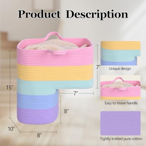 Image of Stair Basket for Wooden & Carpeted Stairs, Foldable Cotton Rope Step Basket with Handles, Staircase Storage Organizer, Fog Grey, 15 inch Lx 10 inch W x 15 inch H