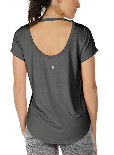 Image of icyzone Open Back Yoga Shirts for Women - Exercise Workout Tops, Athletic Short Sleeves, Running T-Shirts Loose Fit