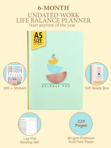 Image of DOODLE Work Life Balance Planner - A5 Undated 6 Months Planner | Productivity, Goal Setting & Self-Care Gratitude Journal | Monthly + Daily Planning | Hard Cover | 200+ Stickers | Balance Pro
