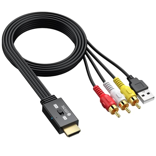 eSynic 1080P Convertitore RCA Maschio a HDMI Maschio con Cavi Integrati 150cm, Mini Adattatore Audio Video da CVBS Composito a HDMI Supporta 3D, Switch 4:3/16:9, per Lettori VCR VHS DVD