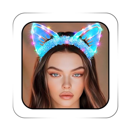 ACEDRE Light Up Cat Ears Headband Glowing Led Cute Headpieces Blue Lights Hair Costume Accessory for Women