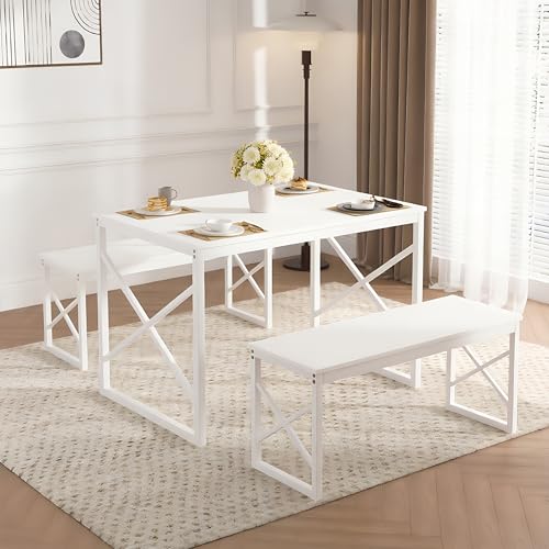 Image of VECELO 43.3 inch Kitchen Dining Table Set for 4, Heavy-Duty Steel Frame & Wood-Grain Tabletop, Space-Saving Dinette Sets with 2 Benches for Breakfast Nook and Small Space, White