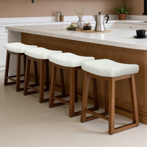 Image of Bar Stools Set of 4, Backless Counter Height Bar Stools, 24 Inch Modern Saddle Bar Stools with Walnut Legs & Upholstered Fabric Seat, Wooden Counter Stools for Kitchen Island, Cream White