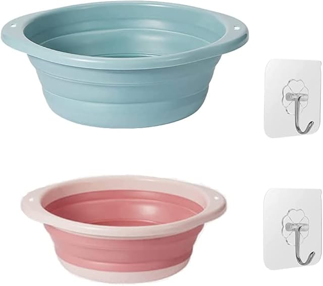 Zhailyn Folding Washbasin, 2Pcs Multi-Functional Round Washing Up Bowl, Silicone Collapsible Washbasin, Outdoor Portable Washing Basket, for Travel, Camping, Hiking, Sports and Pets (Blue, Pink)