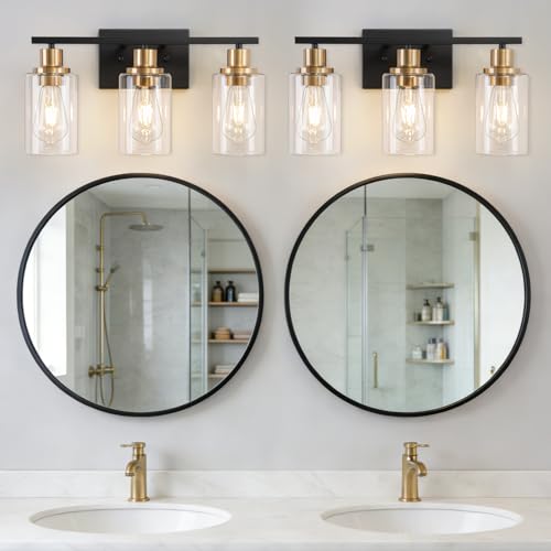 Image of Bathroom Light Fixture Black Gold Vanity Lights Over Mirror, 3 Light Wall Sconces Lighting with Clear Glass Shades, Modern Wall Lights Wall Lamp for Mirror, Hallway Kitchen Bedroom Cabinet