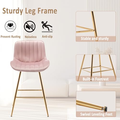 Image of Sidanli Pink Bar Stools Set of 2, Velvet Counter Stools with Footrests, 24 inch Armless Counter Height Chairs for Bar, Kitchen, Living Room