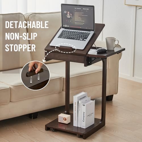 Image of Uniclinens C Shaped End Table for Couch, Rolling Side Table with Wheels Adjustable, Solid Wood TV Sofa Arm Eating Tray Table for Multi-Purpose, Small Coffee Table Living Room Bedroom, Walnut