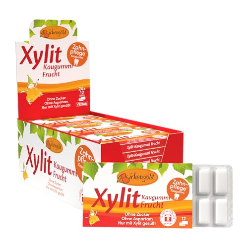 Xylitol Goma de mascar fruta, chicles dentales, 100% sin azúcar, caja de 24 blisters (12 piezas por blister), sin aspartamo, vegetariana, amigable con los dientes