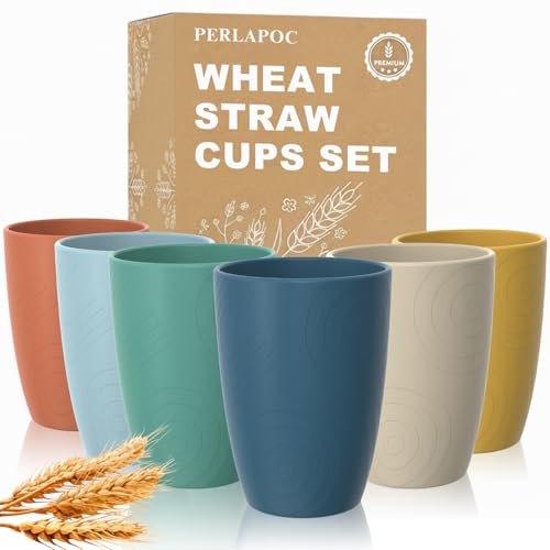 Perlapoc Wheat Straw Cups Plastic Cups Reusable Unbreakable Drinking Glasses Set of 6 Plastic Cups for Kitchen Camping Outdoor 16 OZ Dishwasher Safe Tumblers & Water Glasses Multi