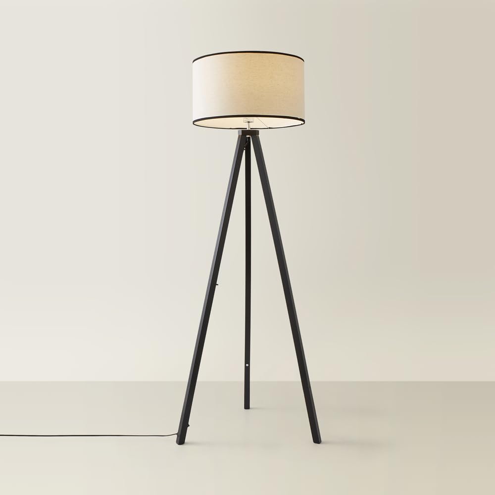 ValueLights Barbro Floor Lamp - Natural Linen Drum Shade - Black Wood Tripod - LED Included - 1.8m Cable