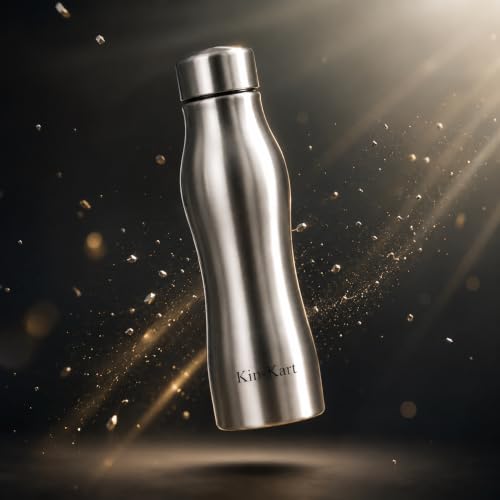 Image of Kin-Kart Water Bottles 1000 ml Stainless Steel Water Bottle 1 Litre | Eco friendly Steel BPA Free Leakproof Water Bottles for School, Office, Home, Gym (CURVES, SILVER)