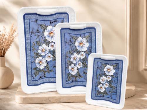 Image of 3 Pcs Plastic Serving Tray Set with Handle | Multipurpose Tea Snacks Breakfast Tray | Floral Printed Rectangular Serving Trays for Kitchen & Home (Blue Flower)