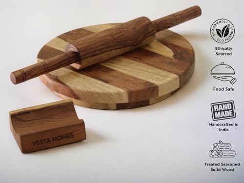 Image of Vesta Homes Wooden Chakla /Pastryboard for Kitchen | Premium Solid Wood Roti, Chapati Rolling Board | 9 * 9 * 1.5 Inches | No Chemical Polish | Handmade in India