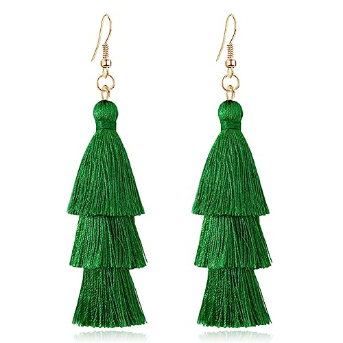 DIYANMMY 3 Tier Layered Colorful Tassel Earrings Bohemian Big Dangle Drop Fashion Jewelry Earrings for Women Valentine Birthday Party Gift. (Green earrings)