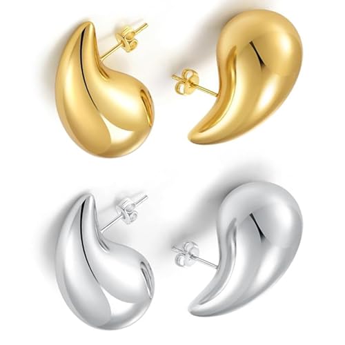 2 pares Pendientes de lágrimas doradas y plateadas, hipoalergénicos, de acero inoxidable, gota de agua, para mujer