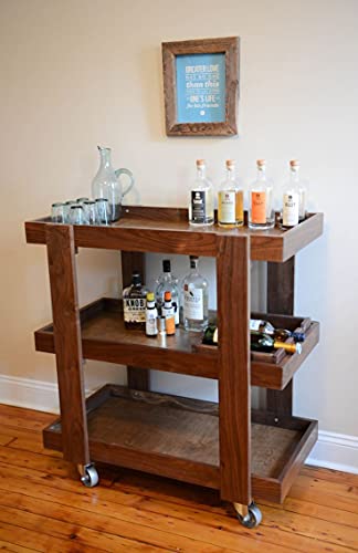 Image of 3-Tier Solid Wood Rolling Bar Cart, Wine Serving Cart with Wheels and Seasoning Rack, Ideal for Dining Room Trolley (3 Tier, Brown Polish) (Style 9)