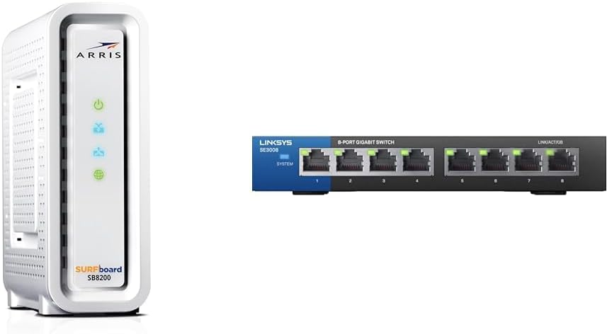 ARRIS Surfboard SB8200 DOCSIS 3.1 Cable Modem, Approved for Comcast Xfinity, Cox & Linksys SE3008: 8-Port Gigabit Ethernet Unmanaged Switch, Computer Network, Auto-Sensing Ports