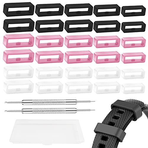AMANMAN 30 Pièces Boucle de Support de Bracelet de Montre en Silicone 18mm 20mm 22mm 24mm Passant de Montre Boucle de Retenue Anneaux de Fixation pour Bande Montre Intelligente Remplacement 3 Couleurs Cover