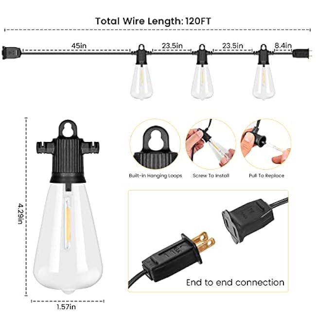 Outdoor Patio String Lights, 240FT LED with 120+4 ST38 Vintage Edison Bulbs, Waterproof Connectable Hanging Lights for Outside Backyard Bistro Porch (120FTx2)