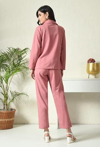 Image of Women's Lyocell Casual Solid Full Sleeve Collared Top and Pant Set with Blazer | Western Set for Women