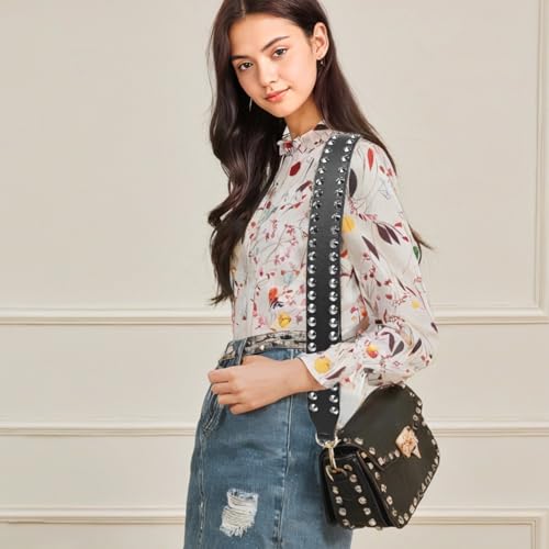 Wide Leather Shoulder Bag Strap, 35.43 ×1.57 Inches Silver Studded Replacement Strap, Cross Body Handbag Strap with Sturdy and Comfortable PU Leather, Double-Sided Black with Silver Hardware2