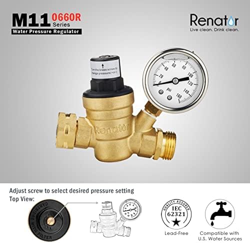 Renator RV Water Pressure Regulator for RV Camper. Brass Lead-free Adjustable RV Water Pressure Regulator with Gauge. RV Water Regulator for Camper Travel Trailer, Reducer Valve W Filter. M11-0660R.