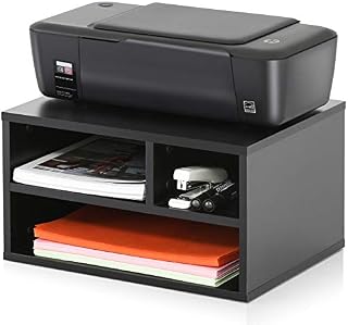 FITUEYES Desk Organiser Black Wood, Desktop Printer Stand with Storage 3 Open Compartments, 2-Tier Storage Shelf for Home Office 40x30x22cm DO304001WB