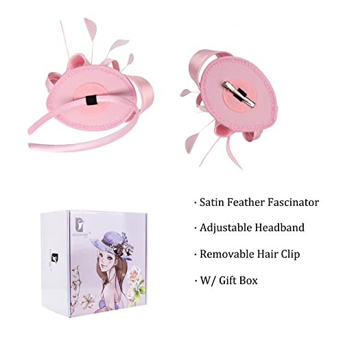 FELIZHOUSE Fascinator Hats for Women Girls Pets Hair Clip Feather Cocktail Party Headband (Satin Pink)