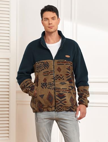 Image of ZAFUL Aztec Print Fleece Jacket - Unisex Full Zip Hoodie with Stand Collar, Pockets & Fluffy Texture
