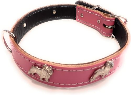 Collare per cani Bulldog francese in vera pelle rosa scuro con design unico e distintivi Frenchie largo 2,5 cm (taglia S: 33 cm - 43,2 cm)