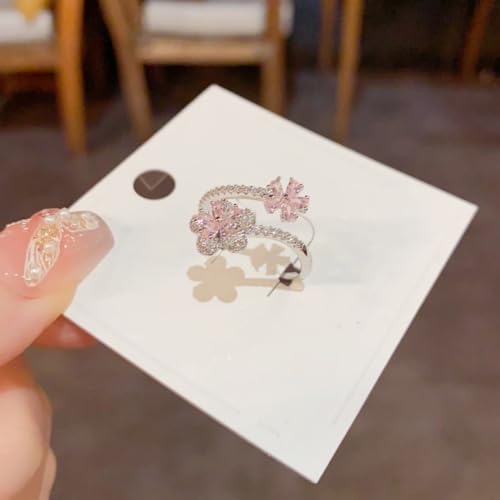 Kokoma Pink Plum Blossom Flower Ring for Women Crystal Cubic Zirconia Floral Ring Adjustable Wrap Finger Rings Dainty Engagement Wedding Jewelry4