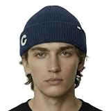 UNDERCONTROL Logo Label Patch Unisex Fall Winter Elastic Short Thick Cuffed Rollup Warm Beanie Korea Trawler Fisherman Soft Breathable Knit Skullcap (Acrylic, Double TAB Blue)