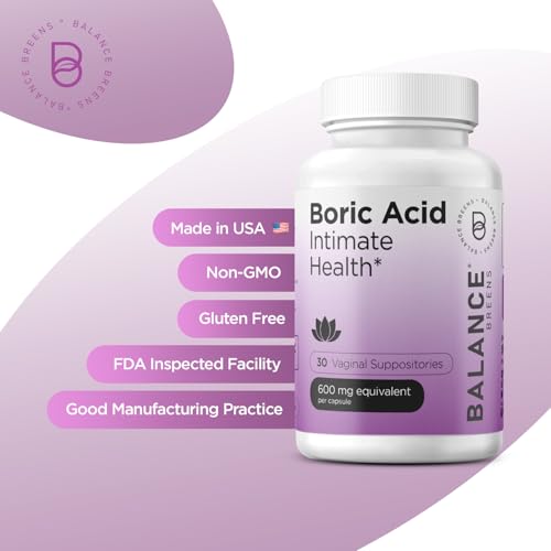 Boric Acid Suppositories for Women, 600 mg, 30 Vaginal Use Capsules - pH Balance Pills, Intimate Health Support, Yeast Infection Treatment, Made in USA
