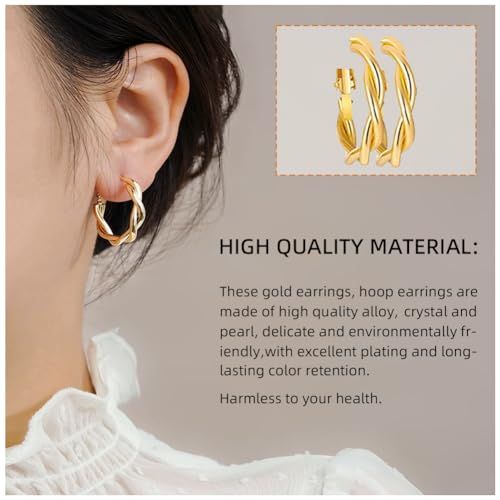 41Pairs Gold Hoop Earring Sets for Women, Fashion Chunky Pearl Earrings Multipack Twisted Statement Earring Pack Small Pearl Earrings for Gift ﻿3