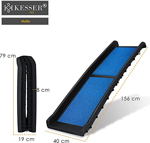 KESSER® Hunderampe klappbar Hundetreppe Hundeautorampe Auto Kofferraumrampe für Haustiere Einstiegshilfe für Kofferraum, bis 90 kg, 156x40cm, leicht Stabil, rutschfest Hunde-Treppe, Blau