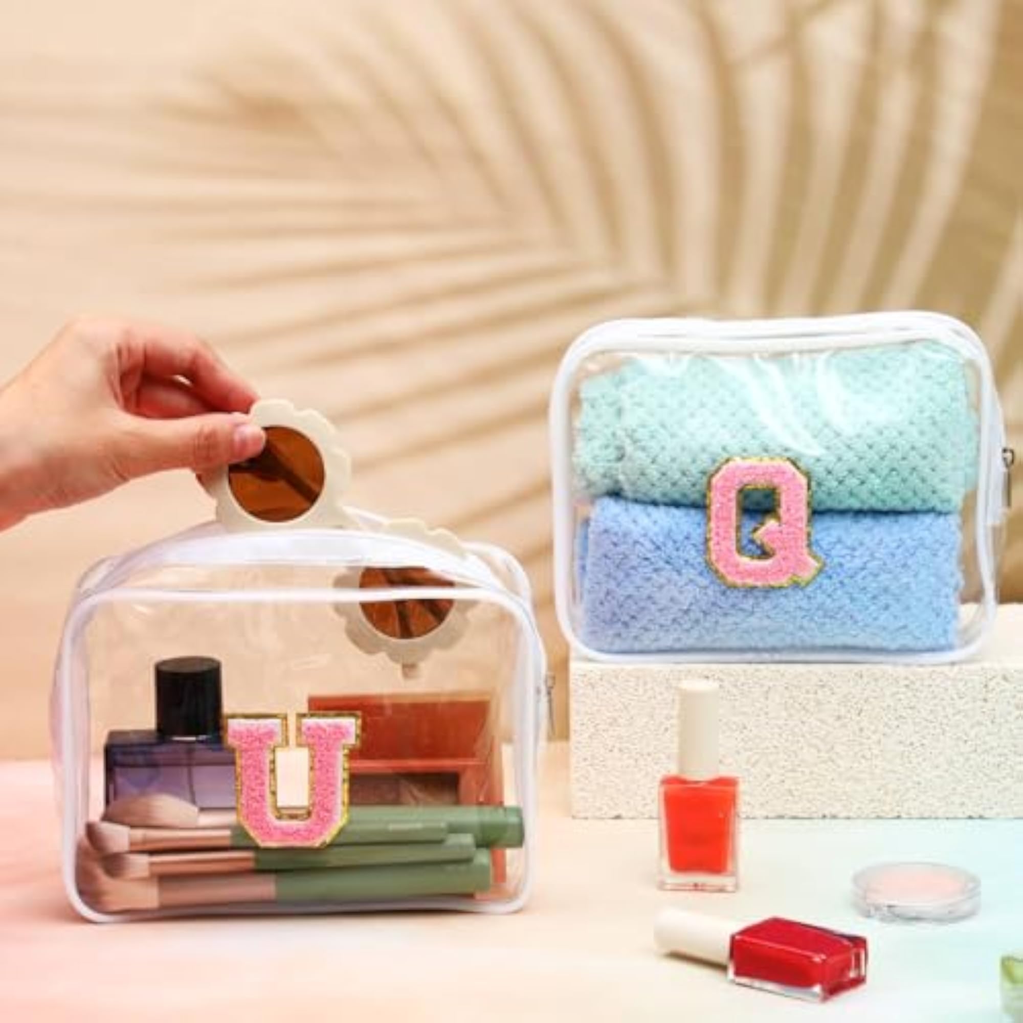 12 Clear Toiletry Bag with Chenille Letter Patches