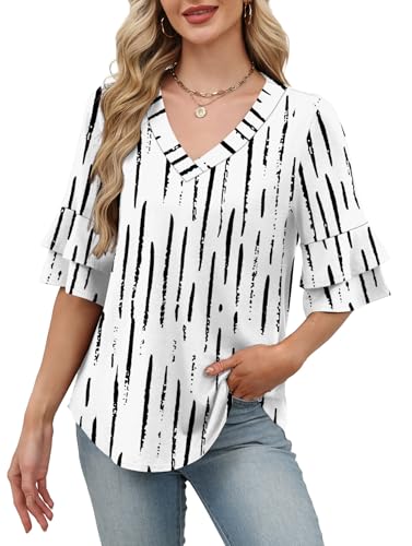 Image of OFEEFAN Spring Tops for Women Boho Shirts Fashion Clothing Cute 3 /4 Length Sleeve Blouses Dressy Casual Summer Outfits