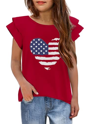 Image of Arshiner 4th of July Shirt for Girl Patriotic American Flag Ruffle Short Sleeves Shirts Tops Tee Blouse