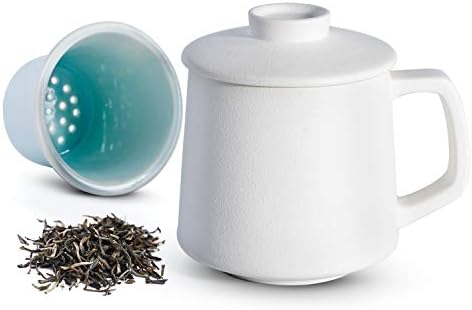 SULIVES Ceramic Tea Mug with Infuser and Lid, 14 OZ Tea Cups White