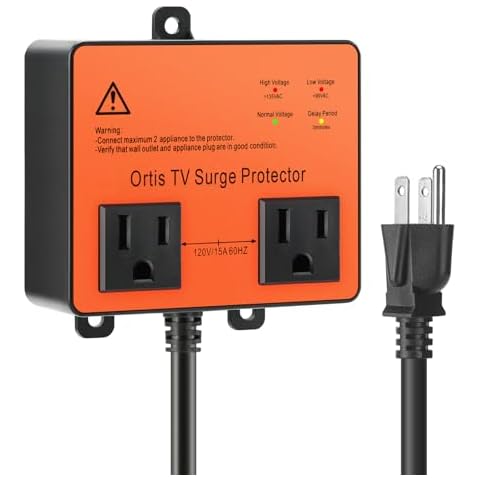 TV Surge Protector for Smart TV, Ortis Double Outlet Voltage Protector for Home Appliances with Time Delay, Protects Against Brownout, Spike, Instant Surge All Voltage Abnormalities, Orange Cover
