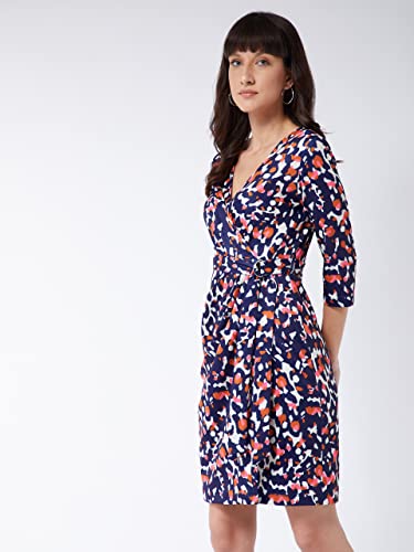 Image of Miss Chase Women's Multicolored-Base-Navy Blue V-Neck 3 /4th Sleeve Animal Wrap Knee Length Dress