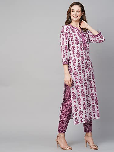 Image of GoSriKi Women's Cotton Blend Printed Straight Kurta with Pant (Navya Pink-GS)
