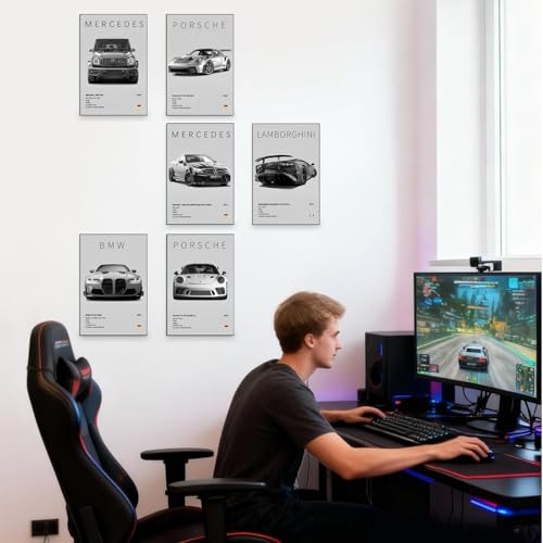 VOYANTE 6 Stück Super Auto Poster, Supercar Poster, Schwarz Weiß Supersportwagen Wandbilder für Jungen und Männer, Rennwagen Leinwandbilder für Wohnzimmer, Wohnzimmer, Geschenk für Autoliebhaber (C)