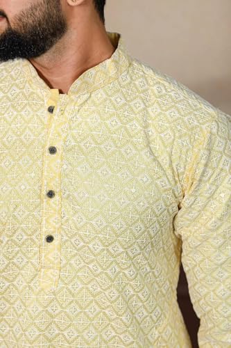 Image of LookMark Men's Printed Silk Blend Kurta with Mandarin Collar, Full Sleeves, Straight Fit Traditional Ethnic Wear