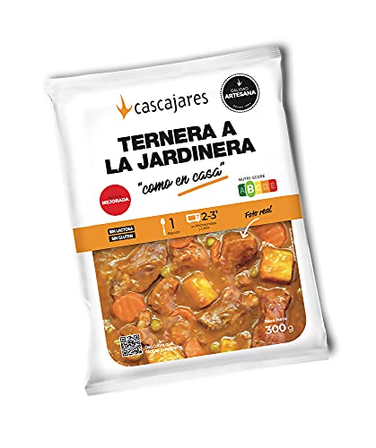 CASCAJARES - Guiso de Ternera en salsa Jardinera "como en casa" - un sabroso guiso listo para comer con tres minutos de microondas. Sin gluten ni lactosa, una ración y dos meses de caducidad.