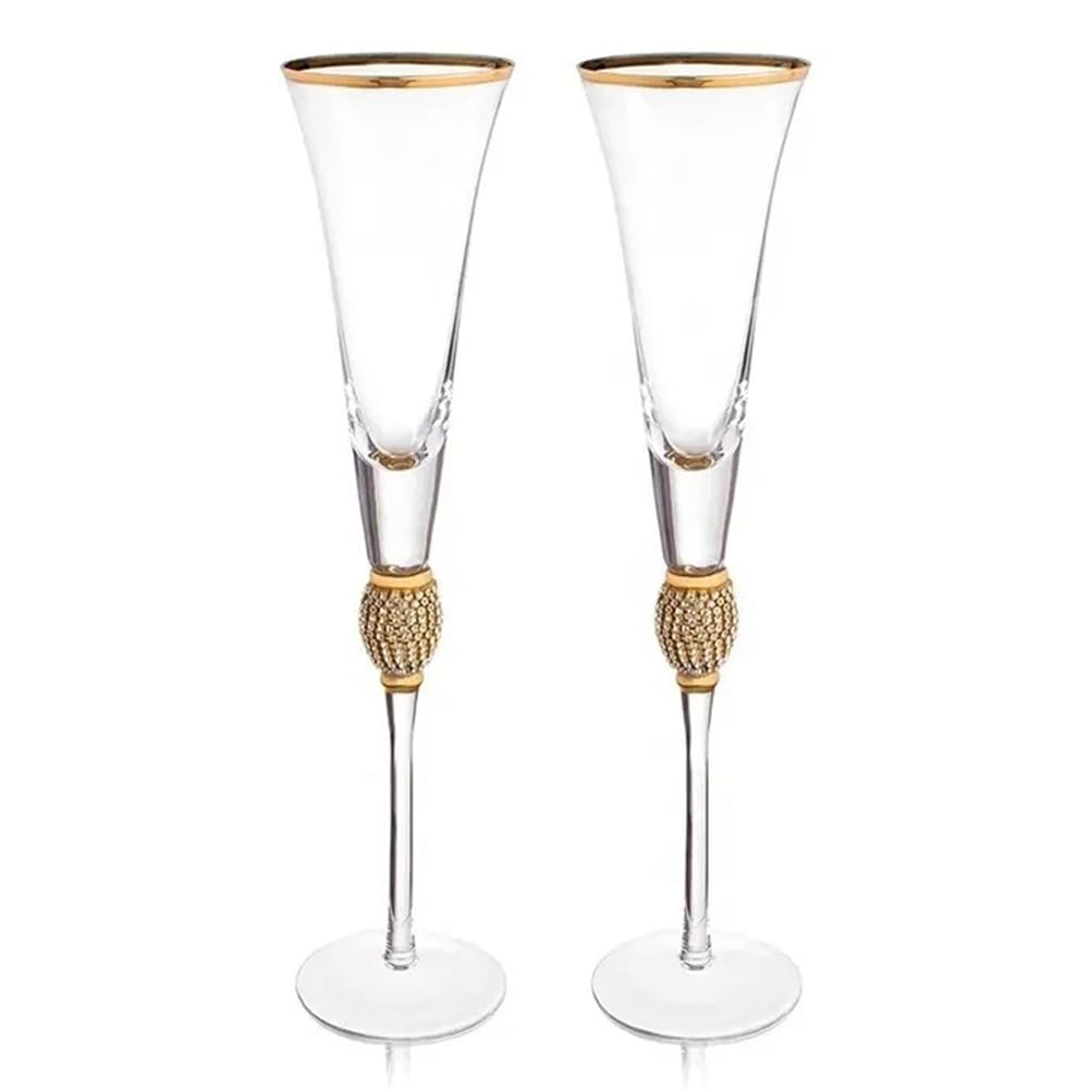 Buhdjfnke Gold Crystal Finish Embellished 2 Pcs Wine Glasses Set Elegant Long Stem Champagne Flutes Cocktail Glasses Gift 2Pcs Champagne Glass