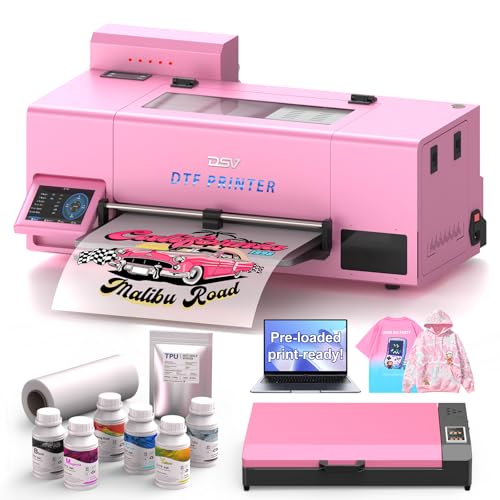 Image of DSV A3 F1080 DTF Printer (XP600 Gen2)-24 /7 Auto-Maintenance&Printhead with Moisturizing Fluid, Anti-Clog, 2X Speed vs L1800 /R1390,White Ink Circulation,2-Year Ink (Pink, Printer+Oven+Laptop)