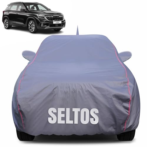 Image of 100% Waterproof Car Body Cover for Kia Seltos (2019-2024) with Mirror Pocket (Heat & UV Resistant, Triple Stitched, Soft Lining, Bottom Elastic & Piping) Grey