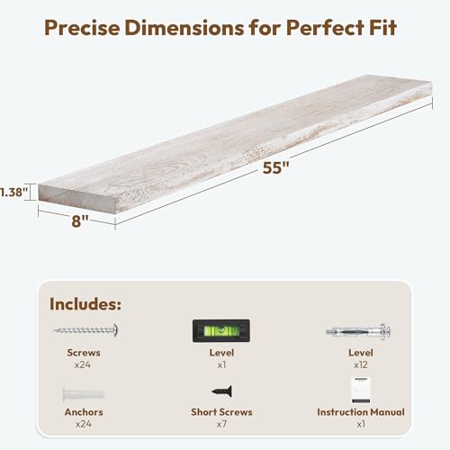 Image of Vivelove Elm Wood Floating Shelf 55x8 inch Set of 1, Weathered White