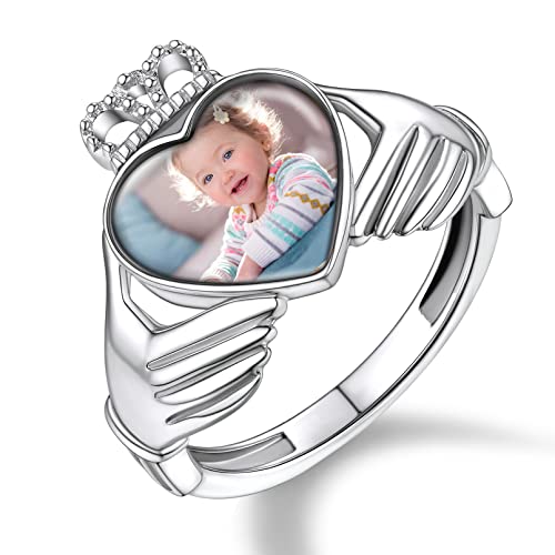 Custom4U Personalized Photo Rings for Women - Custom Made Dainty Heart-Shaped/Claddagh Ring with Picture Inside - 925 Sterling Silver/Stainless Steel Engraved Memory Jewelry B-Claddagh-Sterl